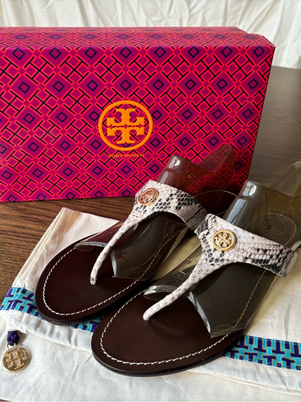 Tory Burch Brown and Cream Snake-Print Miller Thong Sandals
